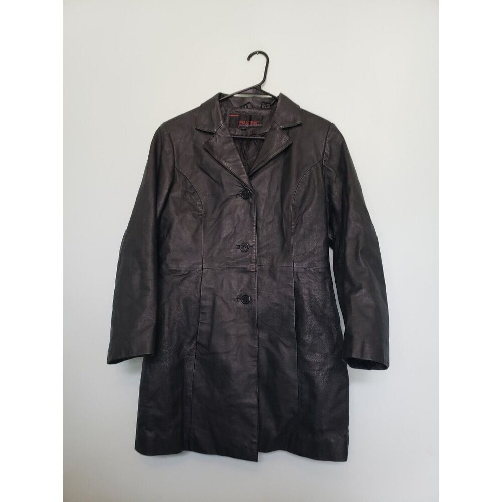 Phase Two Womens S Leather Coat Long Sleeve Button Front Black Genuine Leather